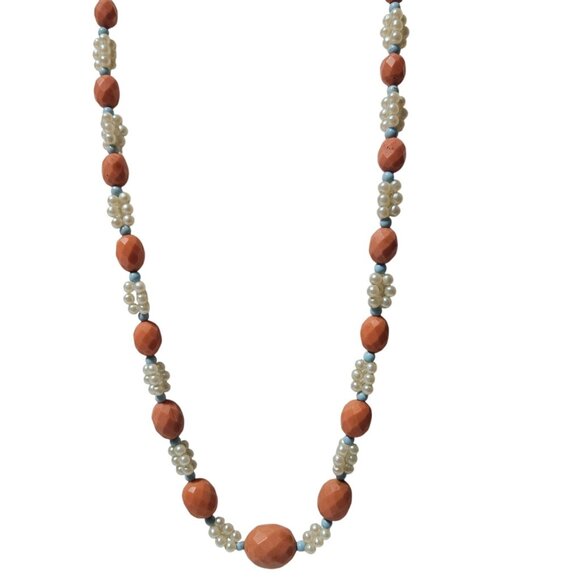 Vintage Coral Faux Pearl Beaded Necklace Retro 70s Fashion Jewelry Women - Picture 2 of 6
